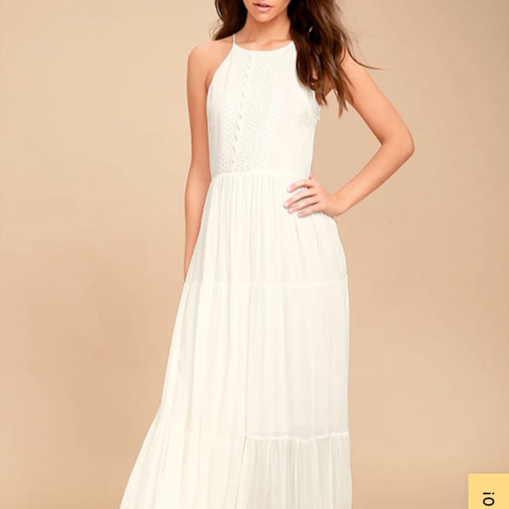 Lulus Ivory For Life Embroidered Maxi. Light and flowy crepe material with lace.